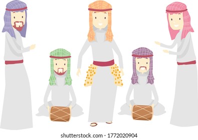 Illustration of Men Wearing Keffiyeh Dancing While Two Men Playing Traditional Music Using Drums