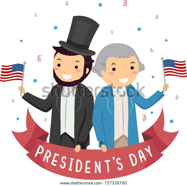 大統領の日になびく米国国旗をなびくリンカーンとワシントンの衣装を着た男性のイラスト のベクター画像素材 ロイヤリティフリー