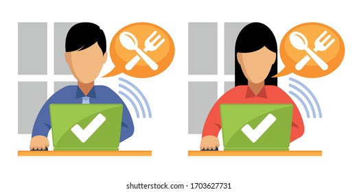 Illustration of men & women accessing culinary information from a laptop