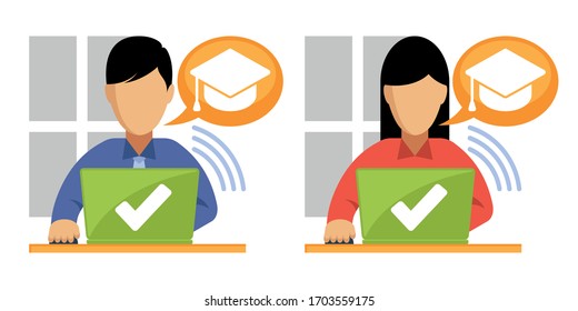 Illustration of men & women accessing education information from laptops.