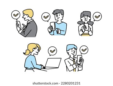 Illustration of men and women checking on smartphones and personal computers