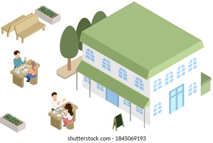 Illustration of men and women dating at a cafe isometric