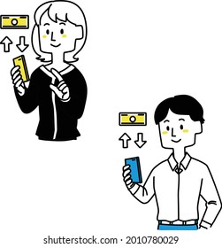 Illustration of men and women depositing money on smartphones