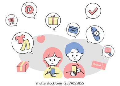 Illustration of men and women doing online shopping