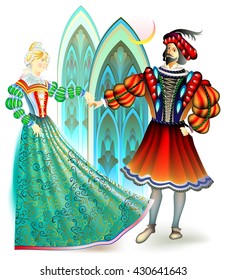 Illustration of men and women dressed in the costumes of 16th century in France, vector cartoon image.