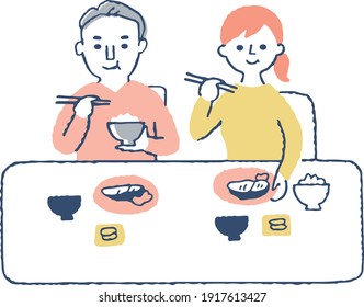 Illustration of men and women eating side by side