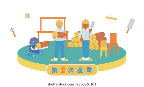 It is an illustration of men and women engaged in wood processing in the secondary industry.