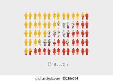 Illustration of Men and Women with the Flag of Bhutan