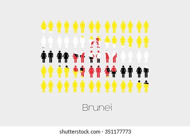 Illustration of Men and Women with the Flag of Brunei