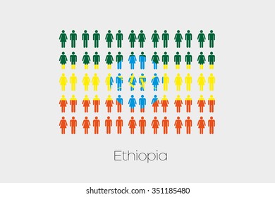 Illustration of Men and Women with the Flag of Ethiopia