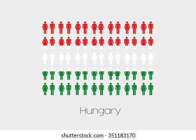 Illustration of Men and Women with the Flag of Hungary