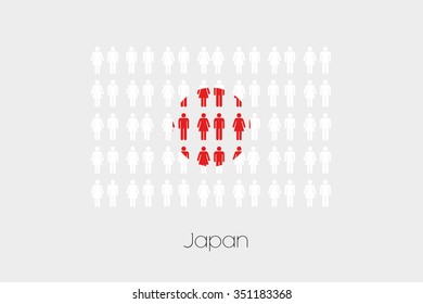 Illustration of Men and Women with the Flag of Japan