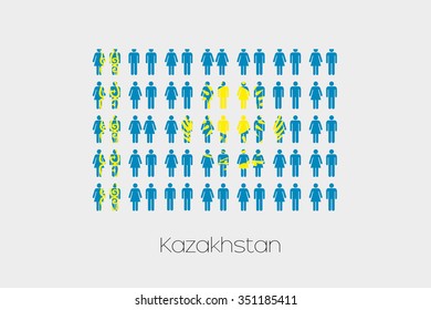 Illustration of Men and Women with the Flag of Kazakstan