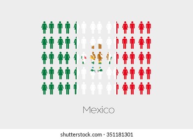 Illustration of Men and Women with the Flag of Mexico