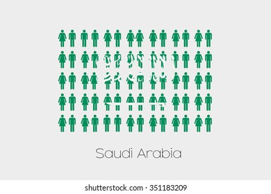 Illustration of Men and Women with the Flag of Saudi Arabia