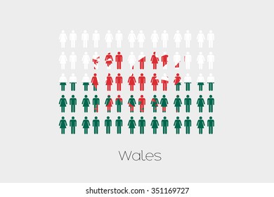Illustration of Men and Women with the Flag of Wales