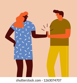 Illustration of men and women give five, shaking hands in vector. Cartoon characters working on the project together, getting success and celebrate.