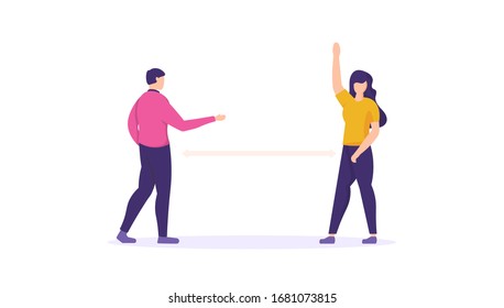 illustration of men and women greet each other and keep their distance from each other to be safe from viruses, bacteria and germs. the concept of social distance. prevent disease. flat design