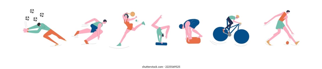 Illustration of men and women performing various sports activities in flat design style. Includes soccer goalkeeper, runner, basketball player, gymnast, cyclist, and tennis player.