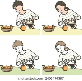 Illustration of men and women pouring drinks into cups
