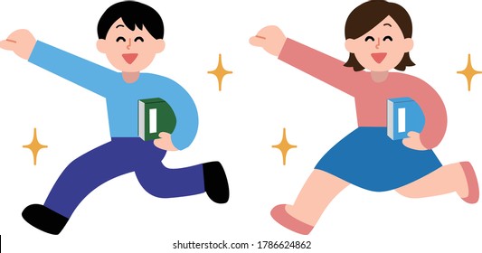 Illustration of men and women running books with one hand