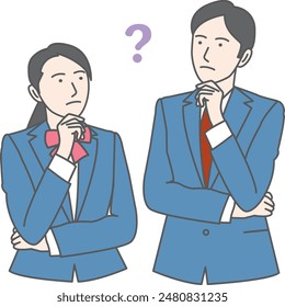 Illustration of men and women in school uniform with questions.