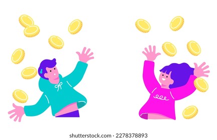 Illustration of men and women surprised by falling coins