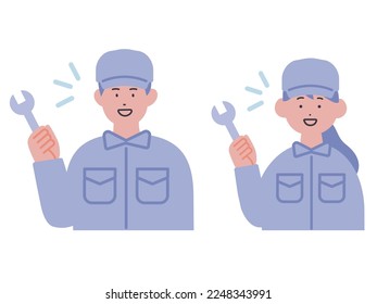 Illustration of men and women in work clothes with tools