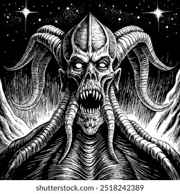 illustration of a menacing octopus, designed in a retro engraving style with a haunting atmosphere.