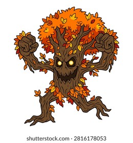 Illustration of menacing tree monster featuring fall foliage and angry expression.