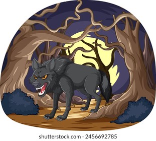 Illustration of a menacing wolf in a dark forest.