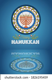 Eine Illustration von Menorah für Hanukka auf dekorativem Buntglas