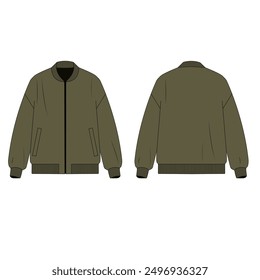 Illustration of men's khaki color khaki jacket with zipper closure. Technical drawing of bomber jacket with pockets, front and back view. Drawing of a jacket with zipper.