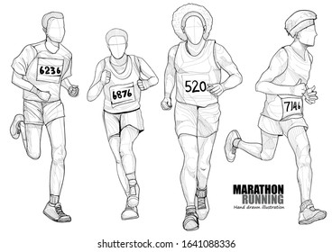 illustration of mens marathon running. drawing vector style. hand sketch running