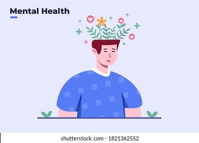 Illustration mental health awareness. Mental health cares concept. People stay relaxed to maintain mental health. Stress management, enjoying life, mental health during quarantine.