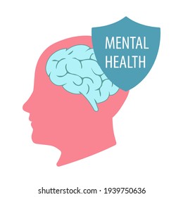 Illustration of the mental health concept vector. World Mental Health Day. A human head with a shield badge. Mental health vector icon. Symbol, logo illustration.