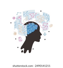 Illustration von psychischen Problemen. Eine Silhouette eines Mannes auf weißem Hintergrund, die ein ruheloses Gehirn in abstrakten Figuren darstellt und ängstliche Gedanken symbolisiert