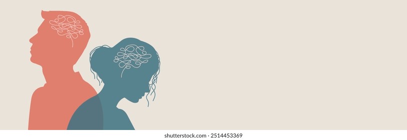 Ilustração das lutas pela saúde mental. Duas silhuetas sobrepostas simbolizando pensamentos emaranhados e conflito interno. Conceito de distúrbios psicológicos, personalidade dividida e desequilíbrio emocional.