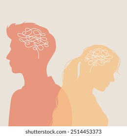 Ilustração das lutas pela saúde mental. Duas silhuetas sobrepostas simbolizando pensamentos emaranhados e conflito interno. Conceito de distúrbios psicológicos, personalidade dividida e desequilíbrio emocional.