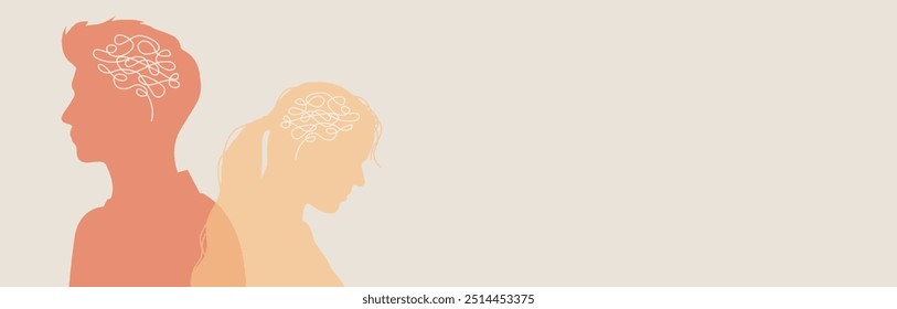 Illustration of mental health struggles. Two overlapping silhouettes symbolizing tangled thoughts and inner conflict. Concept of psychological disorders, split personality, and emotional imbalance.