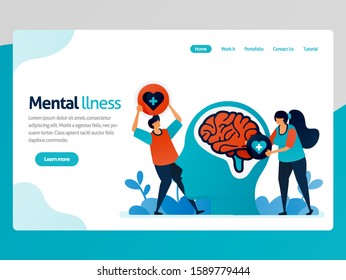 Illustration of mental illness. People love to brain problem. Health therapy for trouble people. Mental healing and treatment. Vector cartoon for website homepage header landing web page template apps