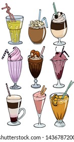 Illustration for menu, flyers, cafe, restaurants, catering. Milkshake, coffee with whipped cream, smoothies, coffee glass , juice with ice, latte, cocoa 