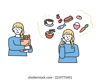 Illustration of the menu.Health, balance, diet, nutrition, diet, eating habits, living alone.