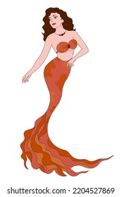 Illustration of a mermaid girl with brown hair and an orange tail and a necklace around her neck