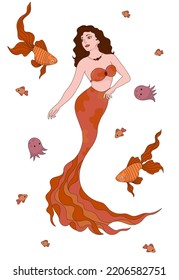 Illustration of a mermaid girl with brown hair and an orange tail. Around the sea inhabitants, jellyfish, fish.