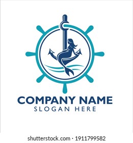 illustration of a mermaid at the helm of the ship, logo template for nautical or seafood.