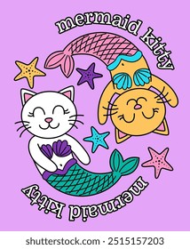 ILLUSTRATION OF MERMAID KITTENS AND STARFISH