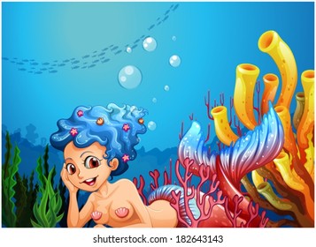 Illustration of a mermaid near the coral reefs on a white background