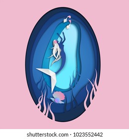 Illustration of a mermaid with pearl, seaweed and little fishes in the under sea. paper cut carved of mermaid on under the sea, origami concept. paper cut and craft style. vector, illustration.