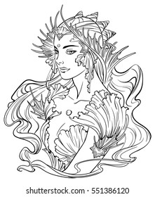 Illustration of mermaid princess with curled hair, decorated with seashell elements. Black and white, anti-stress. Adult coloring books.